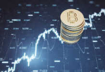 Is Crypto Trading Like Forex Trading? Top view of abstract golden bitcoins stack on blue grid background with forex chart