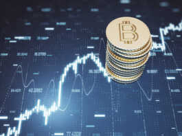 Is Crypto Trading Like Forex Trading? Top view of abstract golden bitcoins stack on blue grid background with forex chart