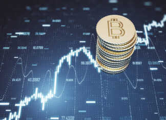 Is Crypto Trading Like Forex Trading? Top view of abstract golden bitcoins stack on blue grid background with forex chart