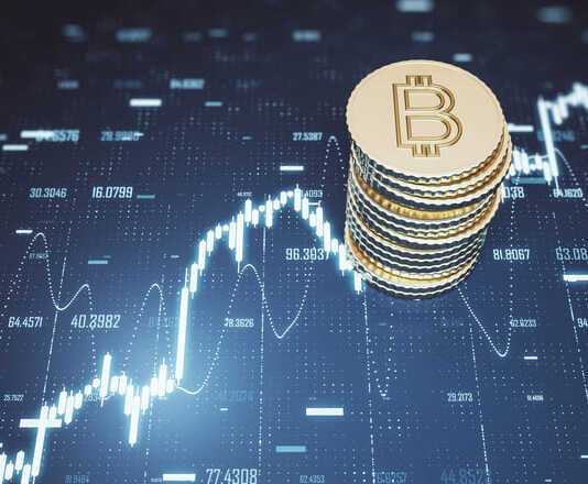 Is Crypto Trading Like Forex Trading? Top view of abstract golden bitcoins stack on blue grid background with forex chart